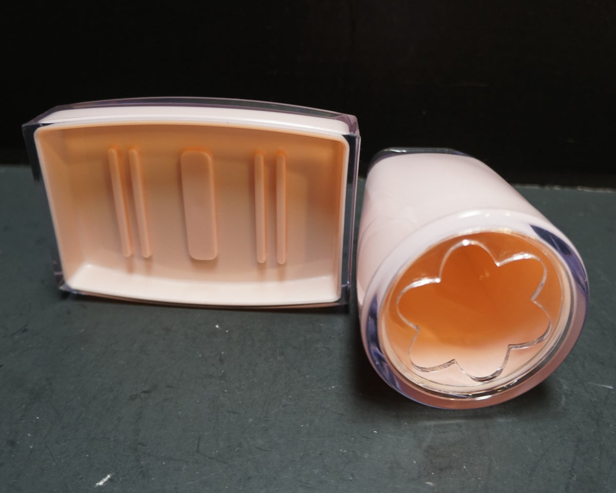 Pink Clear Acrylic Tootbrush Holder Soap Dish Vanity Set