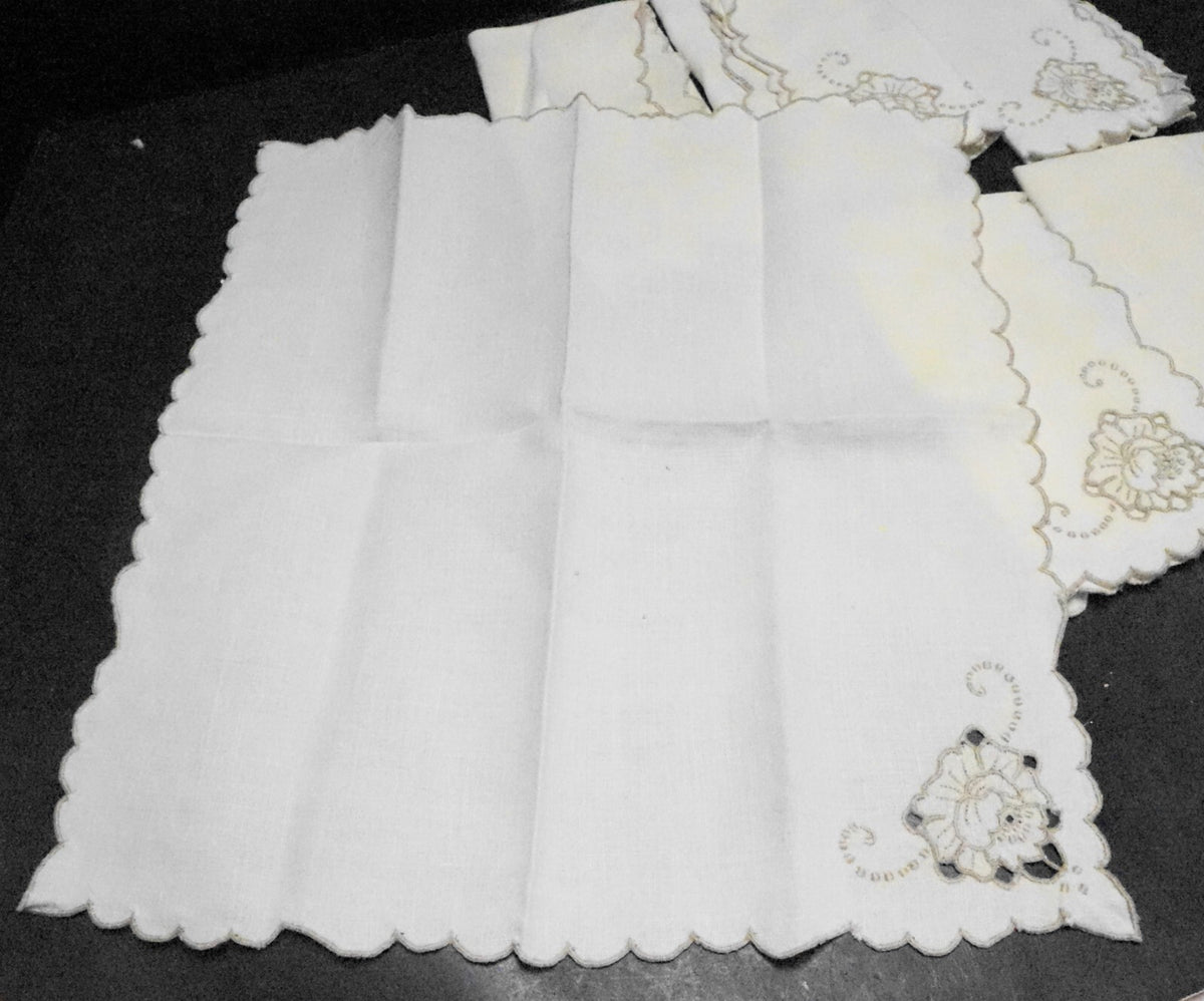 Taupe Embroidered Roses Cream Ecru Linen Napkins Set of 6