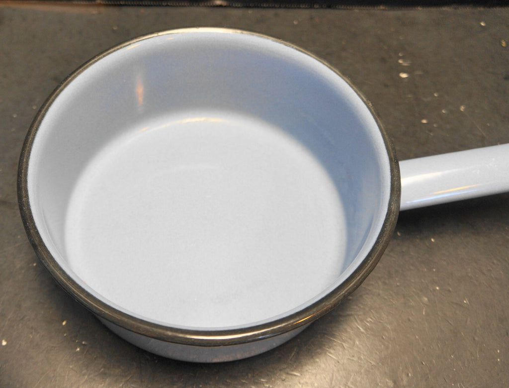 Light Blue Black Trim Enamel Saucepan 1950s