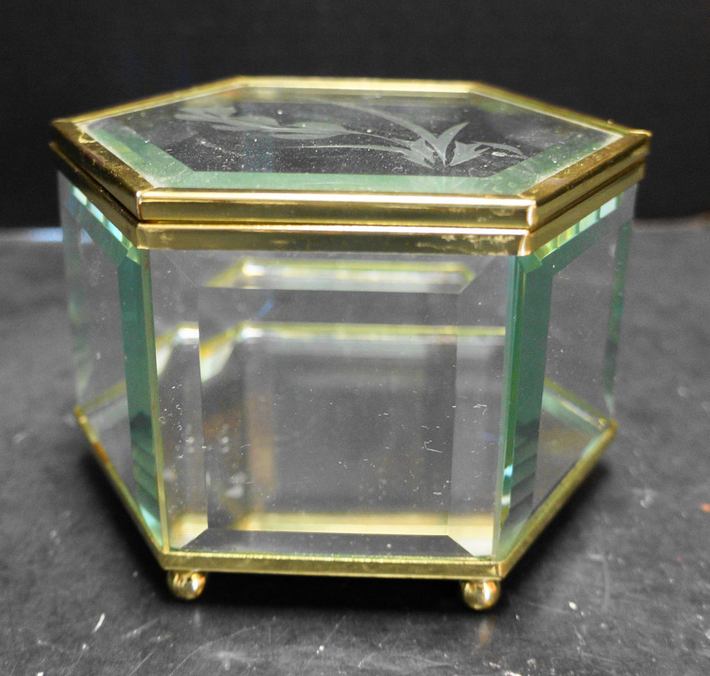 Beveled Glass Cut Flowers Lid Hexagon Jewelry Trinket Box