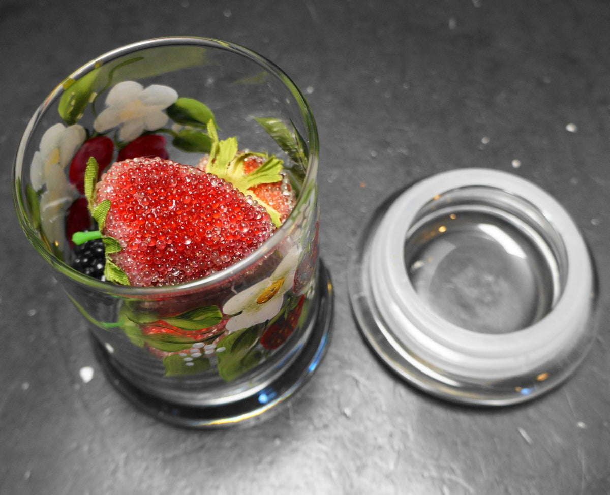 Strawberries Flowers Leaves Hand Painted Clear Glass Jar