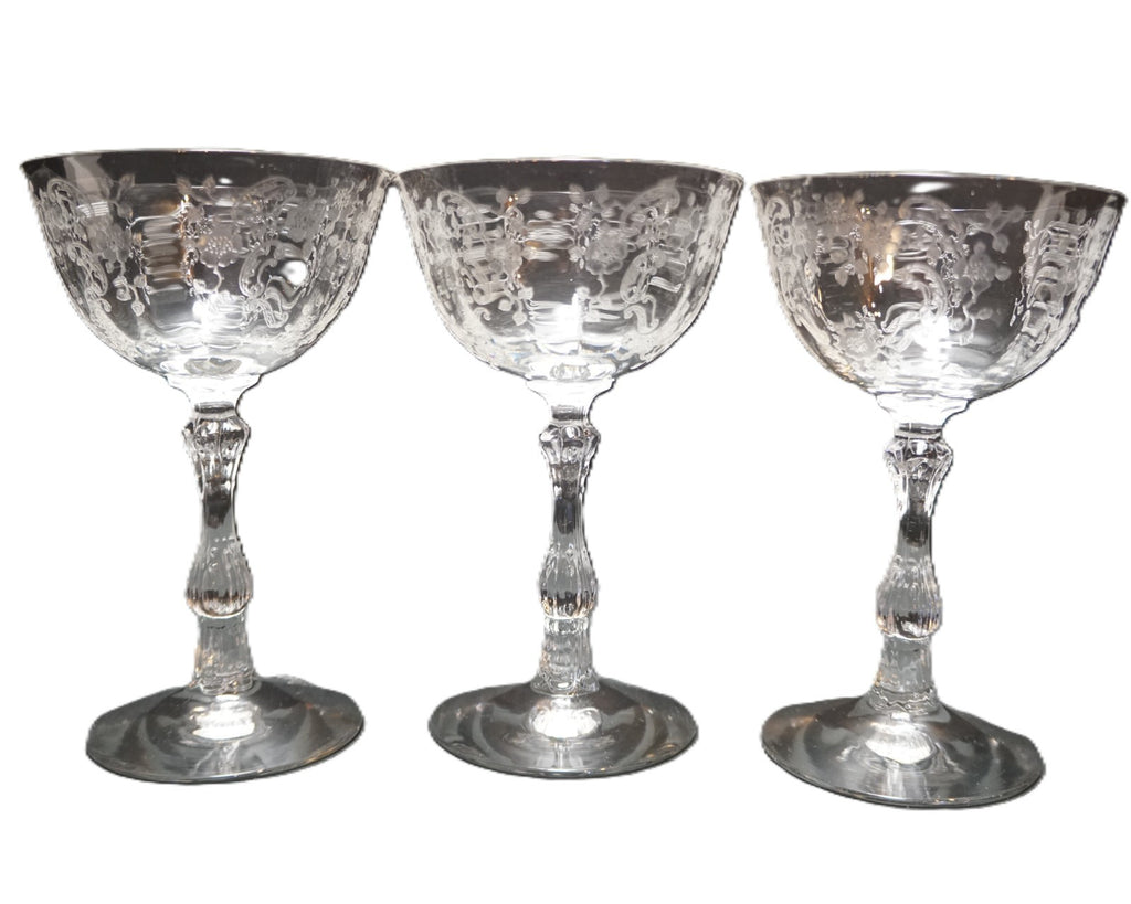 Fostoria Baroque Meadow Rose Etch Champagne Coupes Tall Sherbets Set of 3