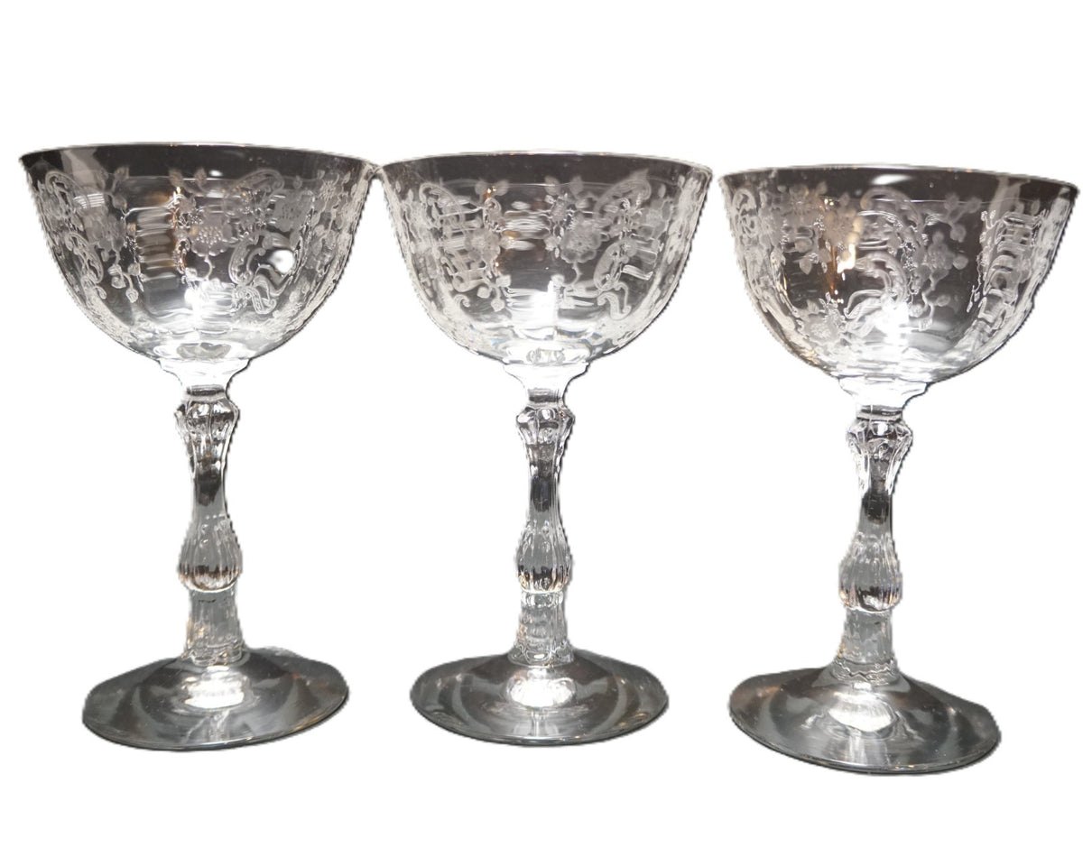 Fostoria Baroque Meadow Rose Etch Champagne Coupes Tall Sherbets Set of 3