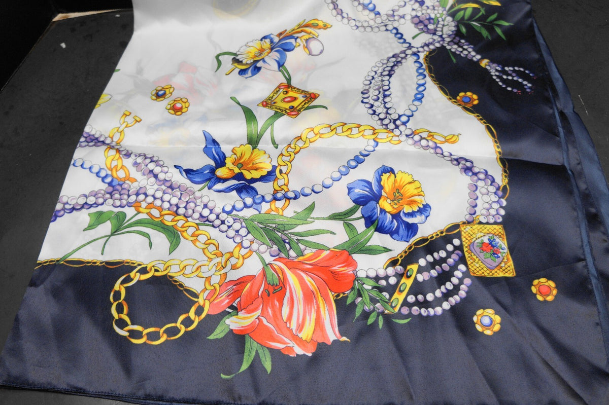 Tessago Italy Satin Polyester Scarf Floral Beads Jewels Print Blue White