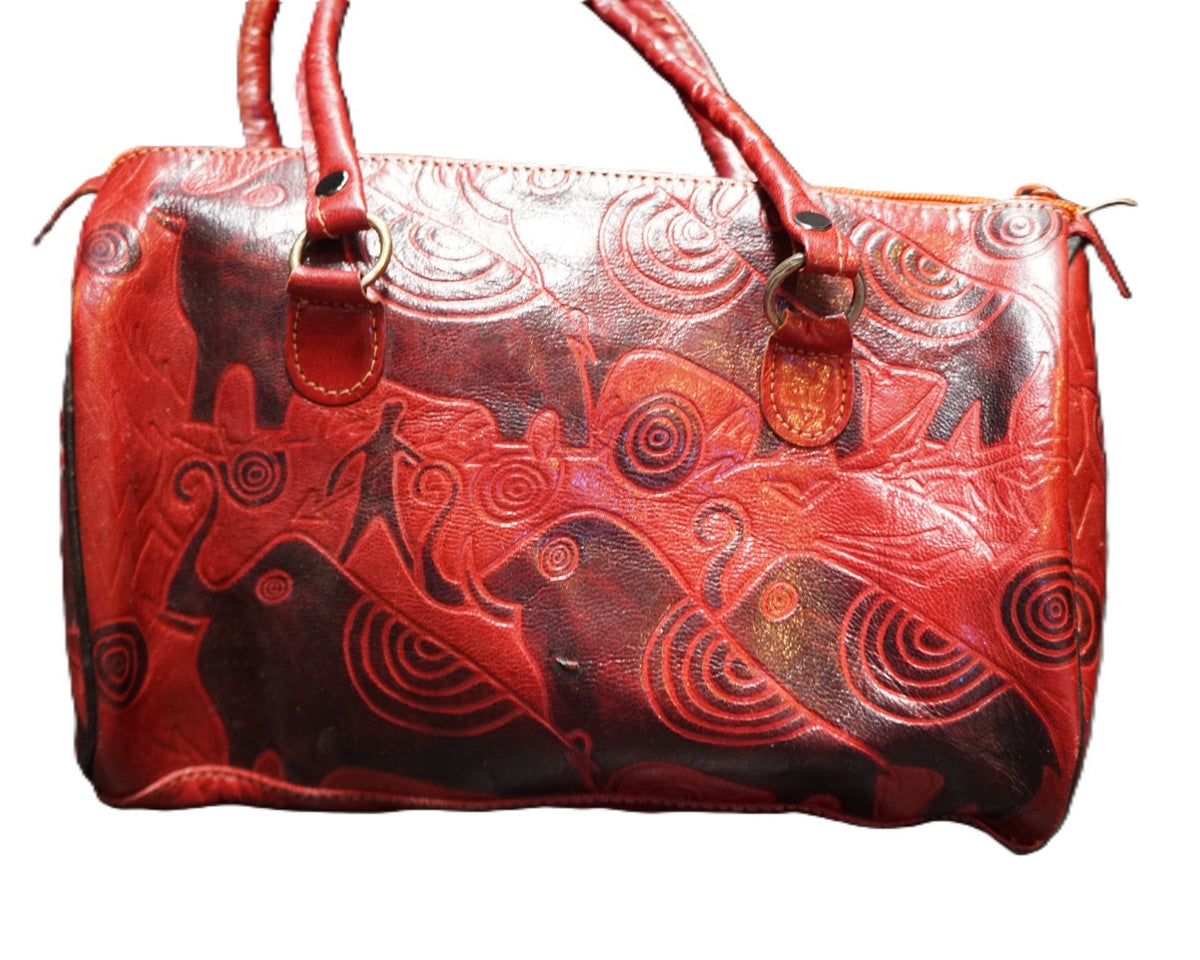 Vintage Elephant Design Tooled Leather Dark Red Satchel Purse Double Handle Made in India