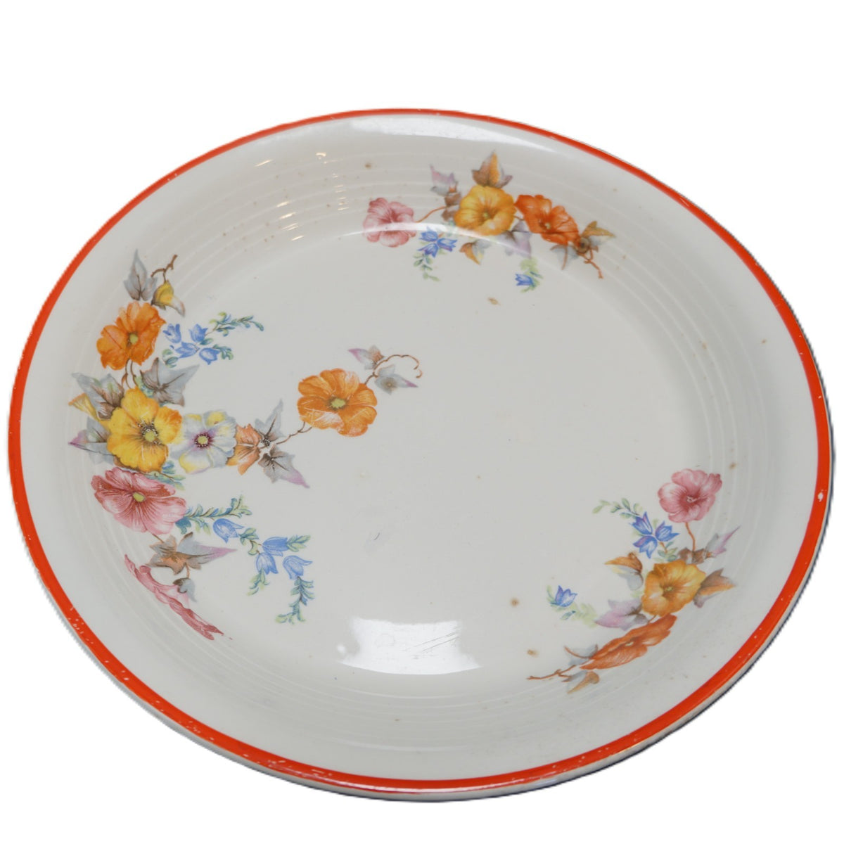 1940s Floral Pie Plate Pan Baker Ribbed Inside Wall Red Trim Unsigned