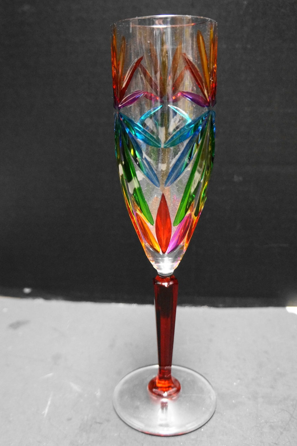 Sorrento Venetian Murano Cut Glass Hand Painted Rainbow Red Stem Champagne Flute