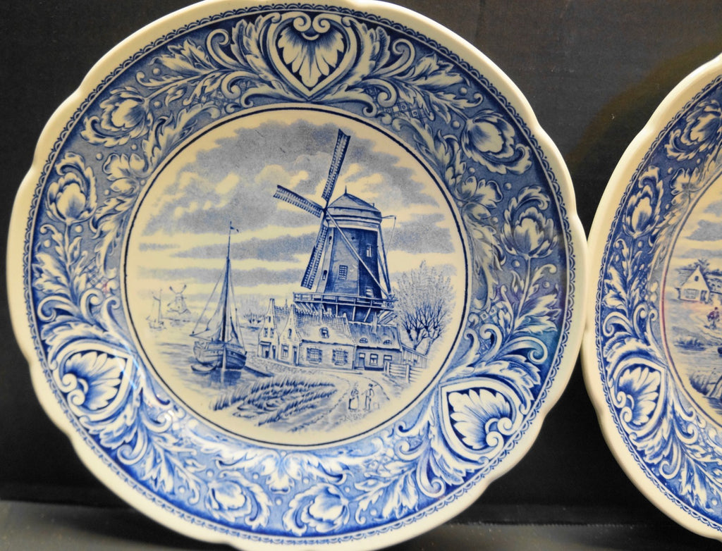 Delfts Boch Belgium Royal Sphinx Pair of Plates Windmill Ships