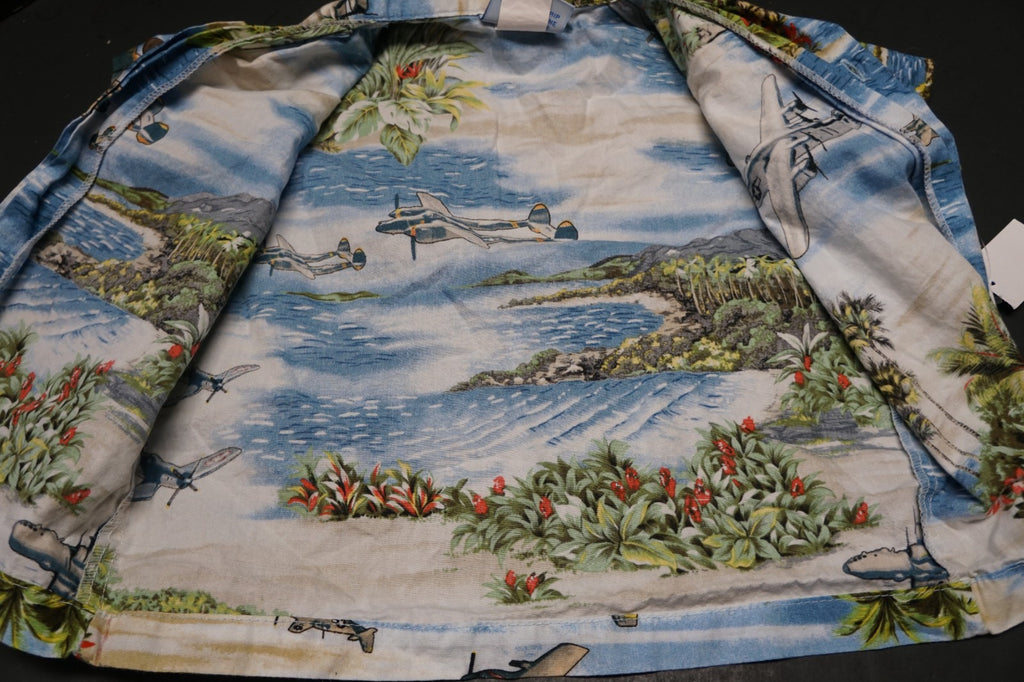 Vintage RJC Hawaiian Aloha Shirt 2T WWII Airplanes Beach Scene