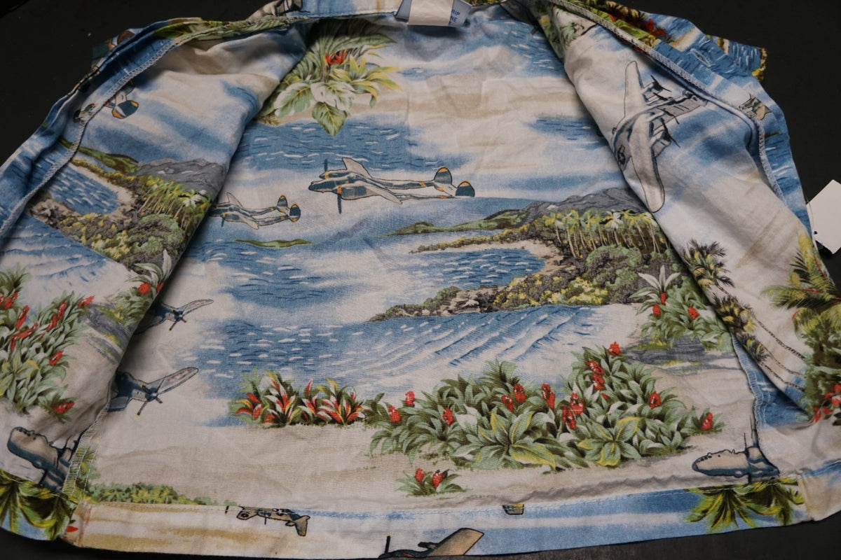 Vintage RJC Hawaiian Aloha Shirt 2T WWII Airplanes Beach Scene