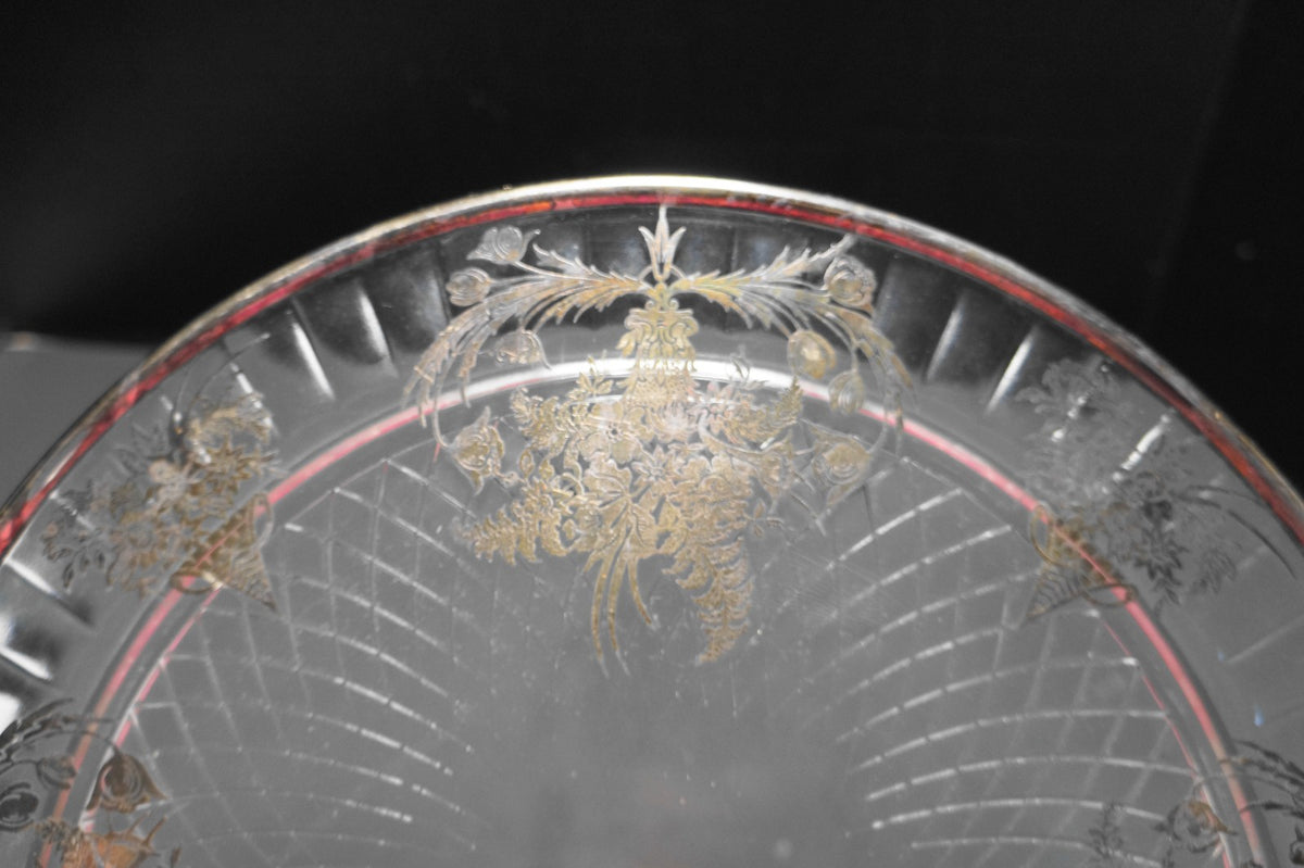 Sterling Floral Overlay Clear Glass Spiral Diamond Cake Plate