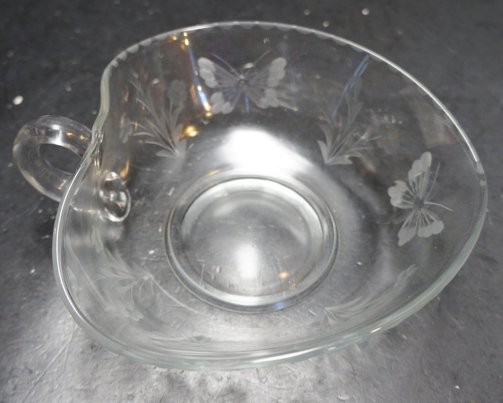 Butterfly Flowers Cut Clear Glass Heart Shaped Nappy Bowl