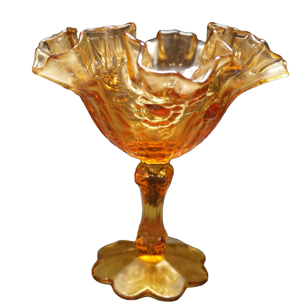 Fenton Amber Rose Ruffled Double Crimped Small Compote