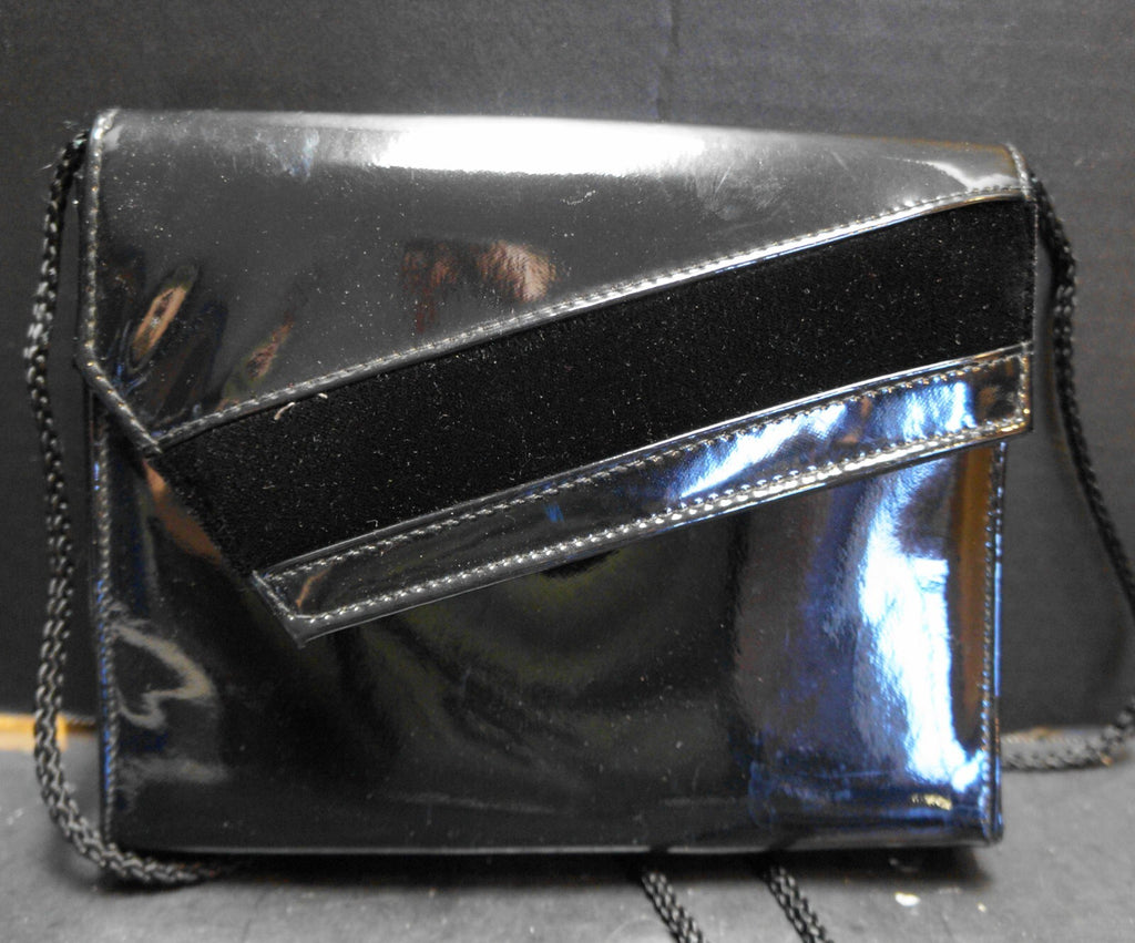 City Nights Black Patent Evening Bag Diagonal Velvet Stripe Flap