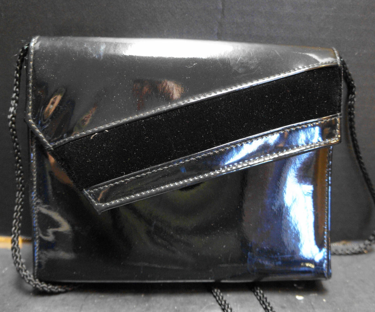 City Nights Black Patent Evening Bag Diagonal Velvet Stripe Flap