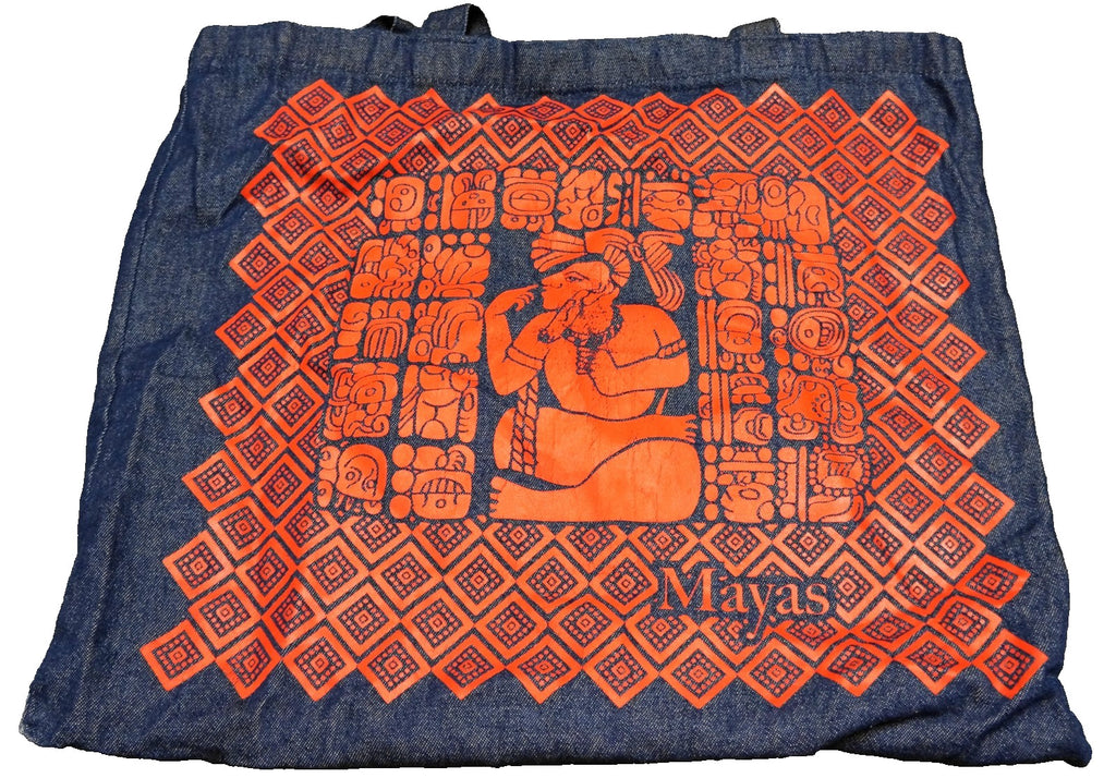 Red Mayan Print Design Dark Blue Denim Tote Bag