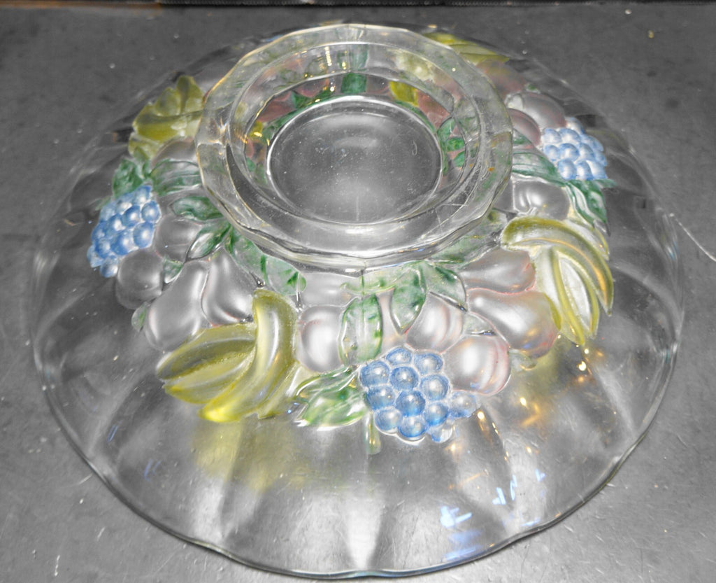 Indiana Glass Garland Banana Fruits Blue Green Stained Footed Low Bowl 12 IN