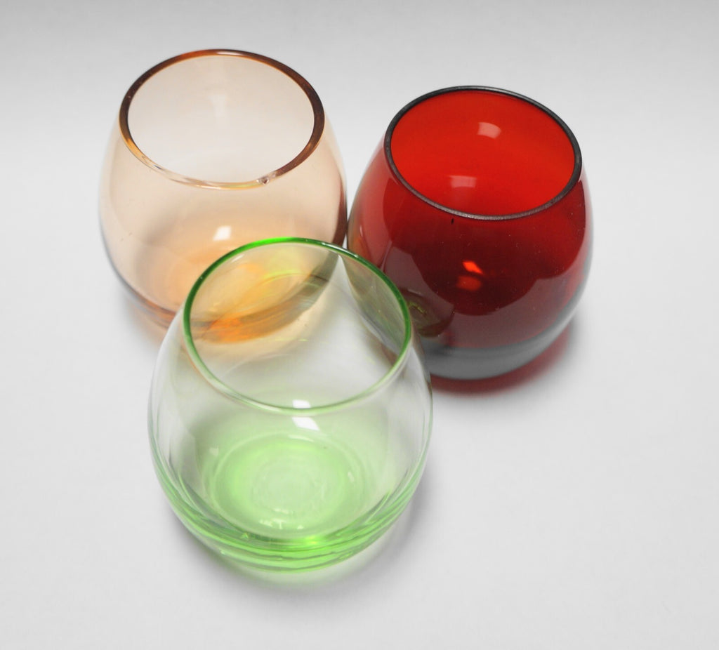 Jewel Tone Glass Mini Roly Poly Cordial Cocktail Shot Glasses Set of 3
