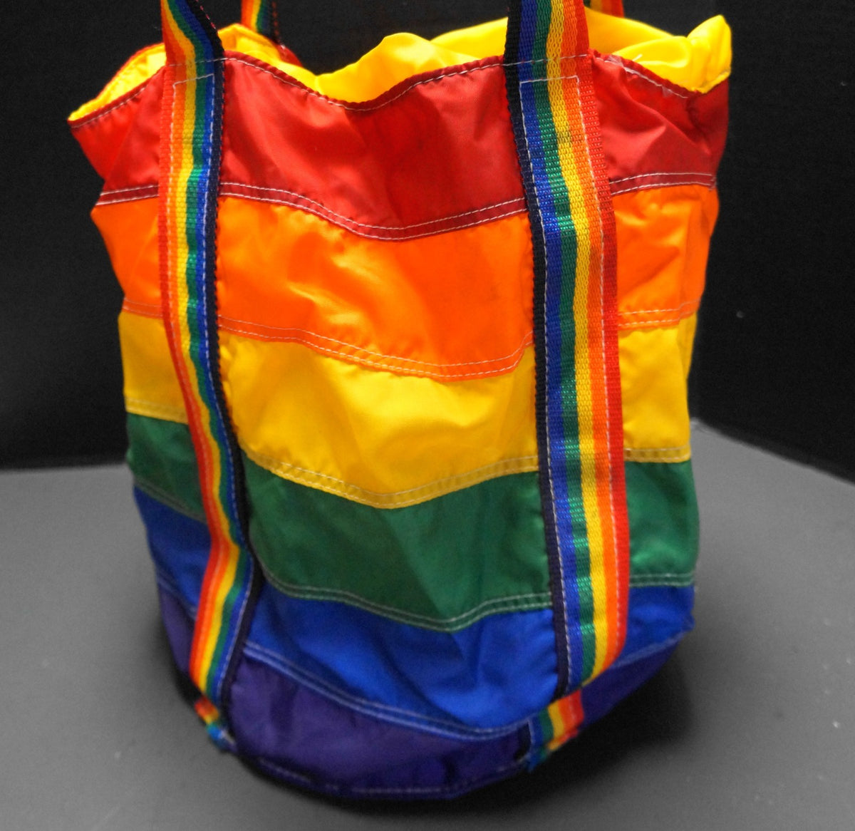 Taylor Made Rainbow Stripe 1980s Drawstring Bucket Bag Nylon