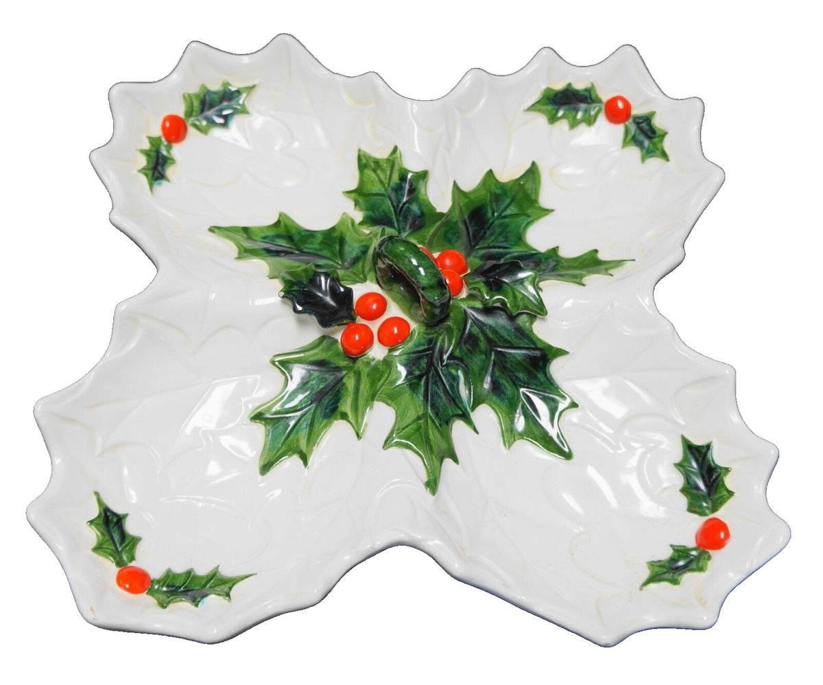 Lefton White Holly Berry 4 Part Relish Tray Center Handle