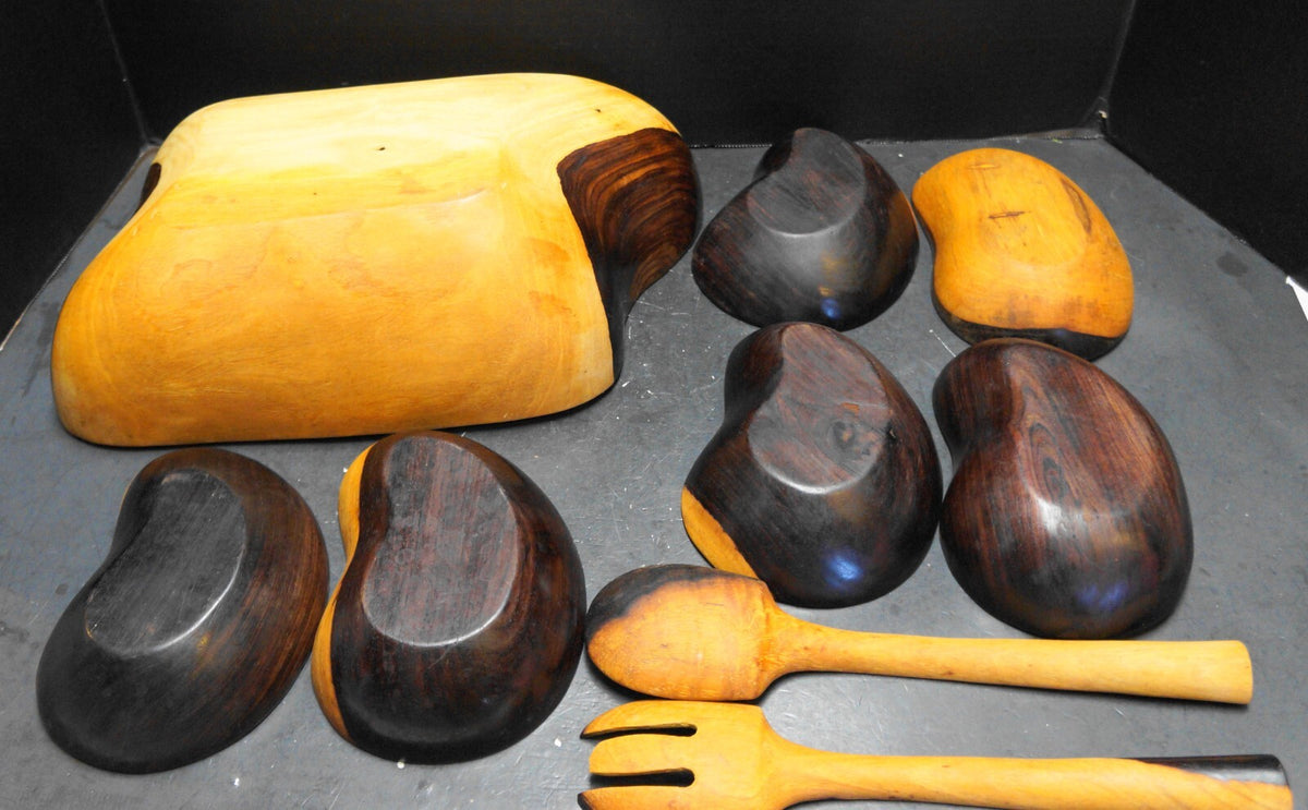 Hand Carved Blackwood Salad Set 9 Pieces Bowls Servers