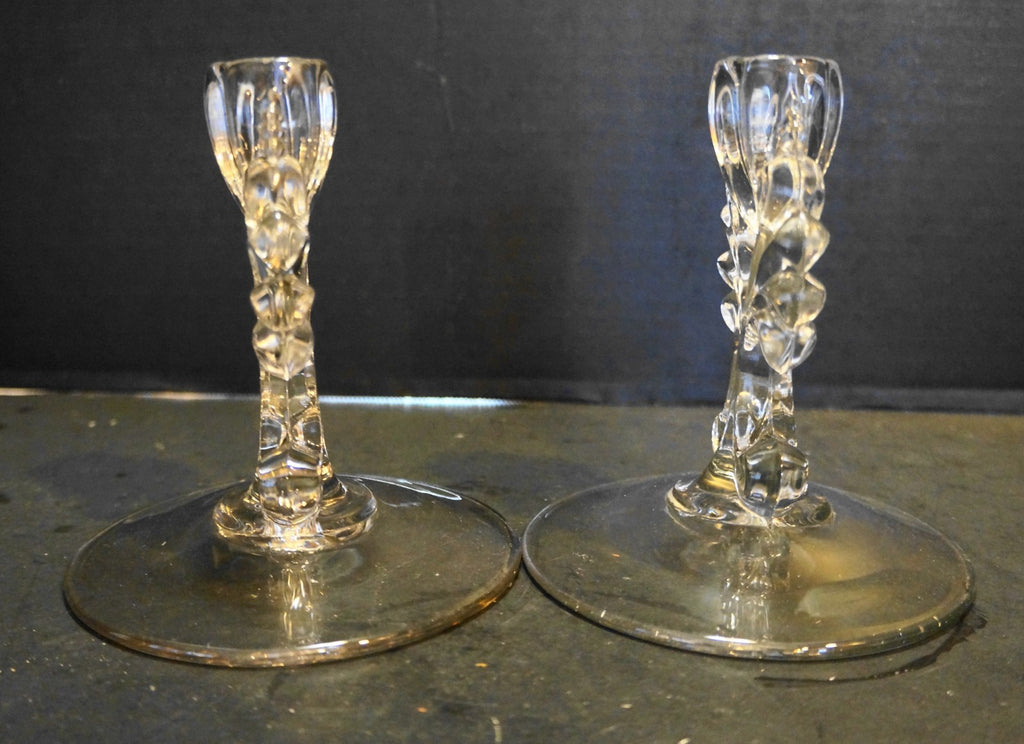 New Martinsville Janice Clear Depression Elegant Glass Candle Holders Pair