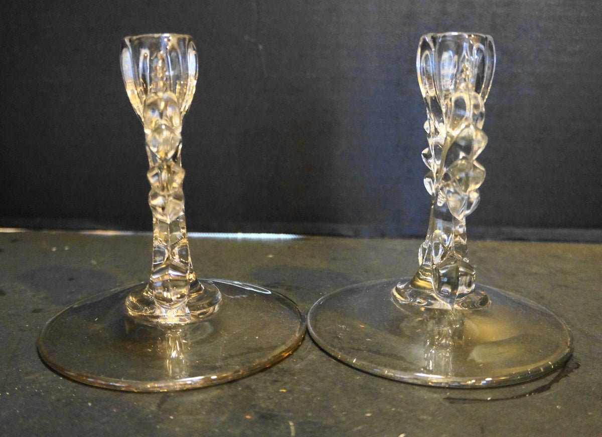 New Martinsville Janice Clear Depression Elegant Glass Candle Holders Pair