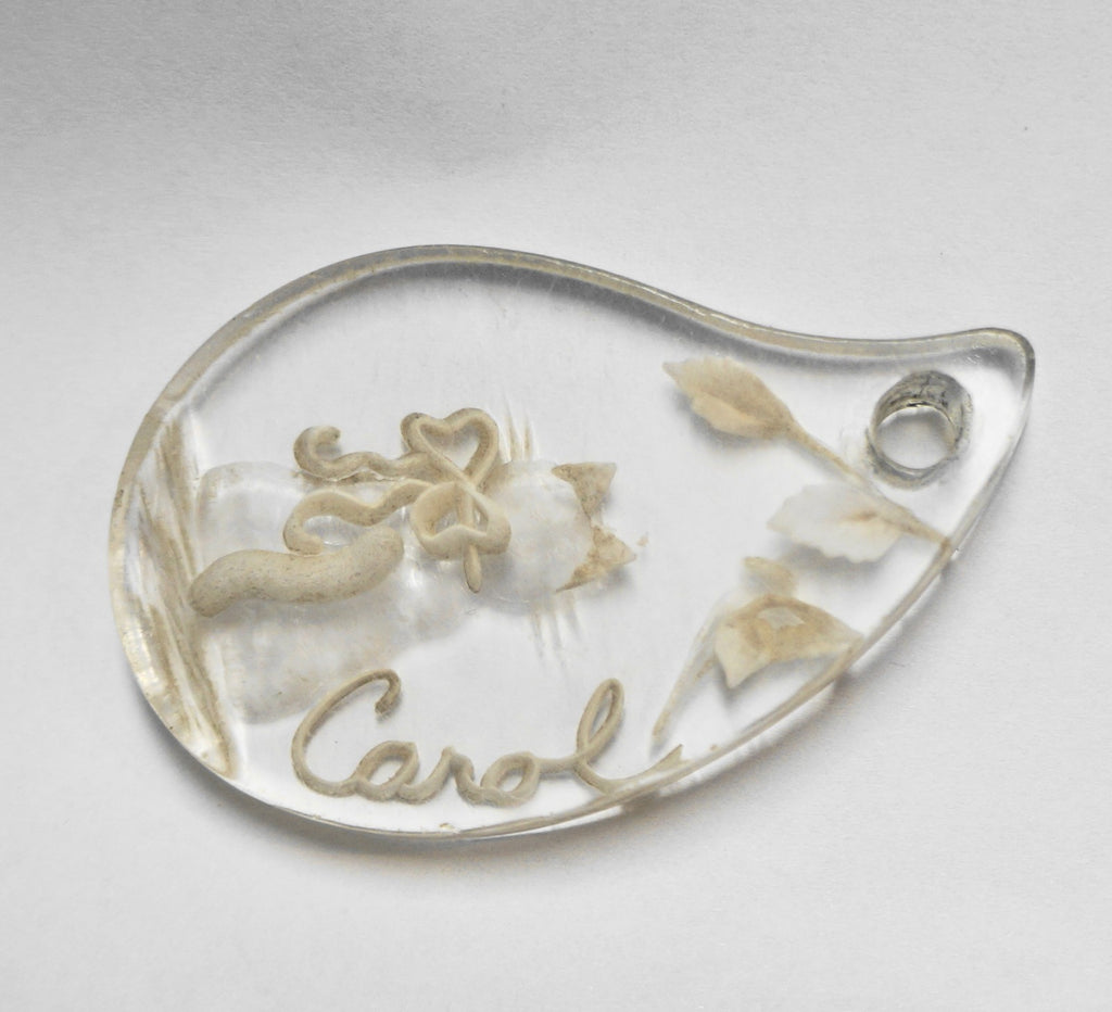 Carved Lucite Carol Name Teardrop Pendant