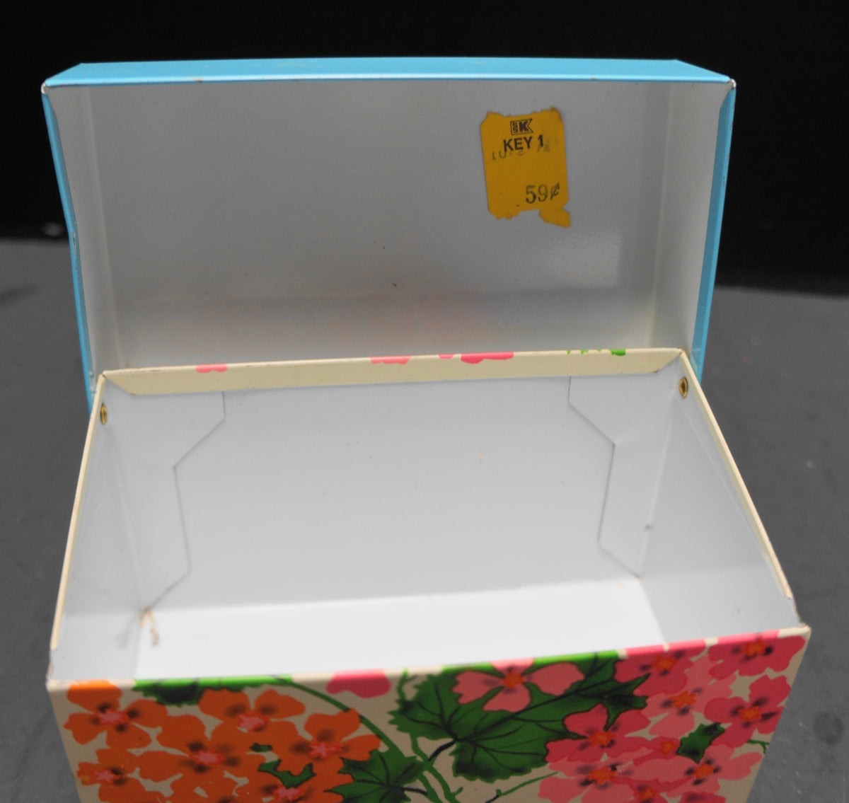 Ohio Art Recipe Box Sky Blue Lid Pink Orange Flowers