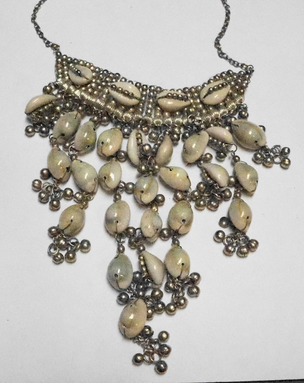 Tribal Silver Cowrie Shell Beaded Fringe Bib Necklace