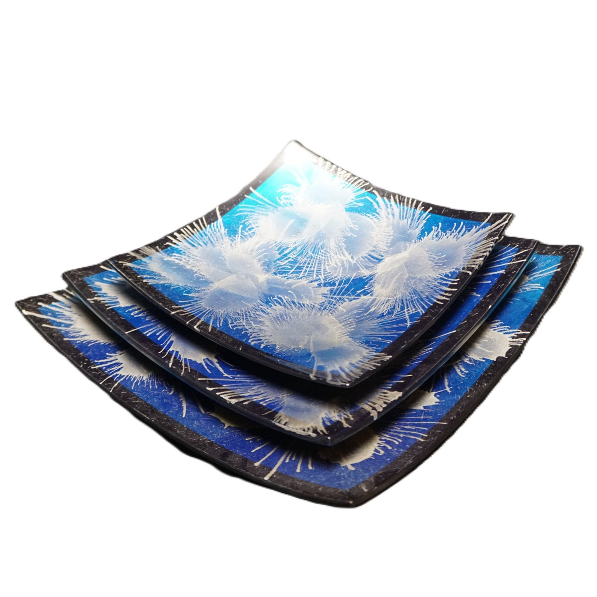 Blue Silver Black Japanese Lacquerware Square Graduated Trio Plates
