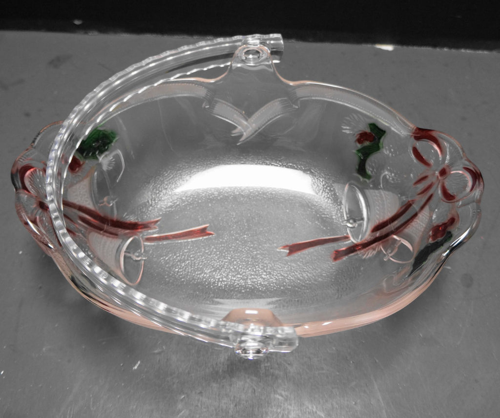 Mikasa Holiday Bells 9 1/2 IN Oval Basket Bowl Frosted Stained Red Green