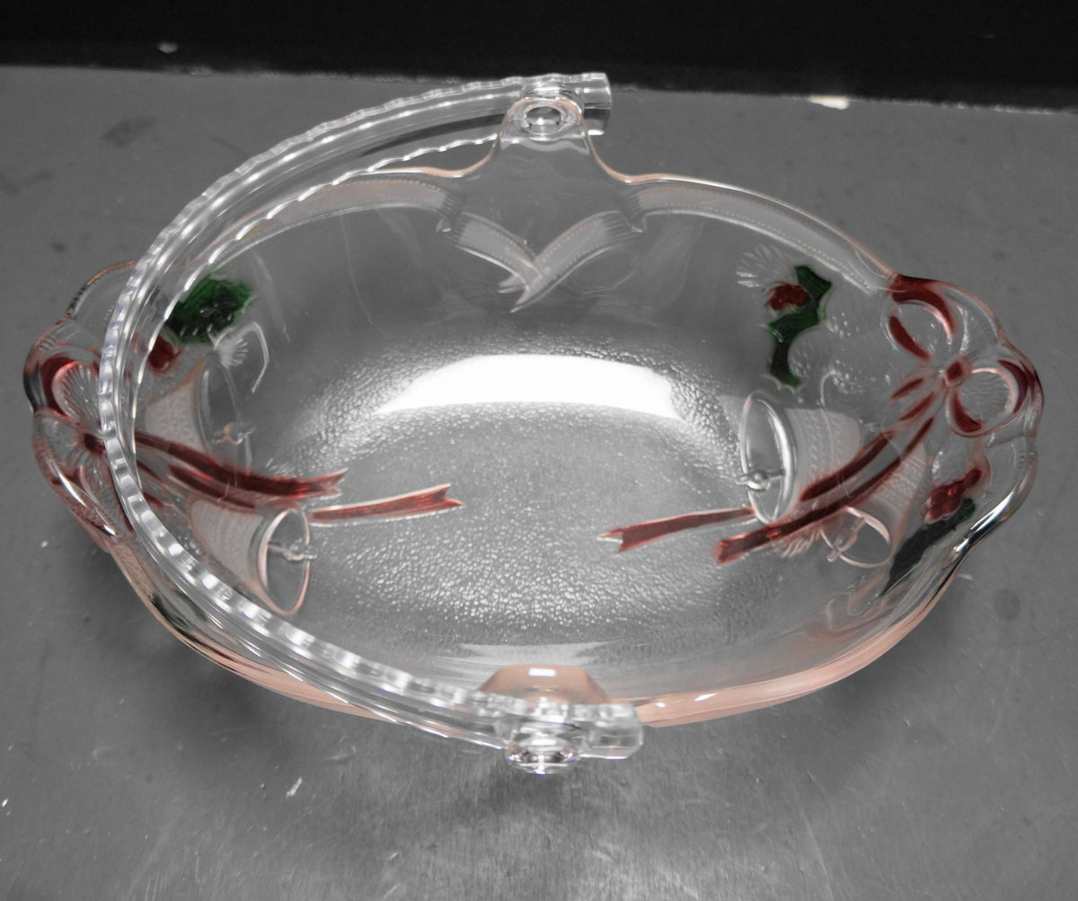 Mikasa Holiday Bells 9 1/2 IN Oval Basket Bowl Frosted Stained Red Green