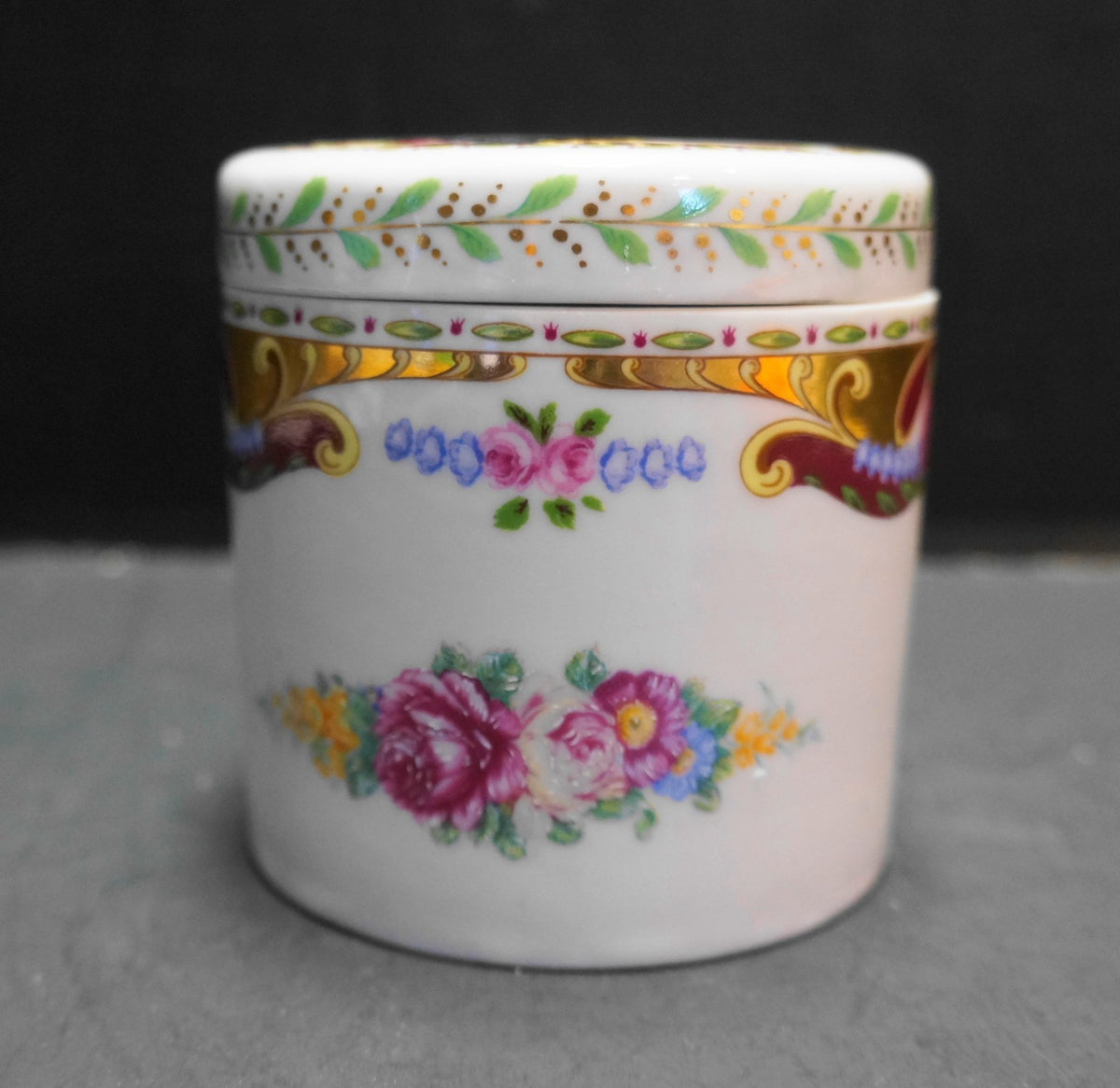 Vizavi Porcelain Rose Decorated Tall Round Trinket Box
