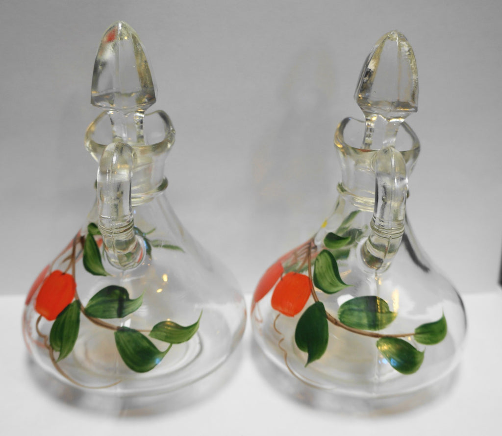 Cherry Cherries Oil Vinegar Cruets Pair Hand Painted Gay Fad Anchor Hocking