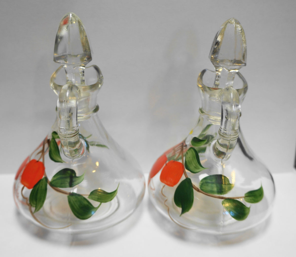 Cherry Cherries Oil Vinegar Cruets Pair Hand Painted Gay Fad Anchor Hocking