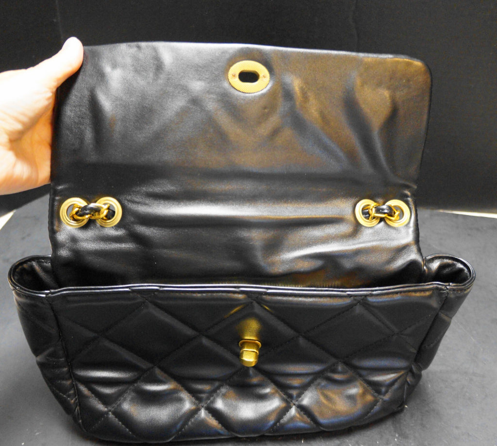 Black Faux Leather Soft Quilted Shoulder Bag Crossbody Chain Strap