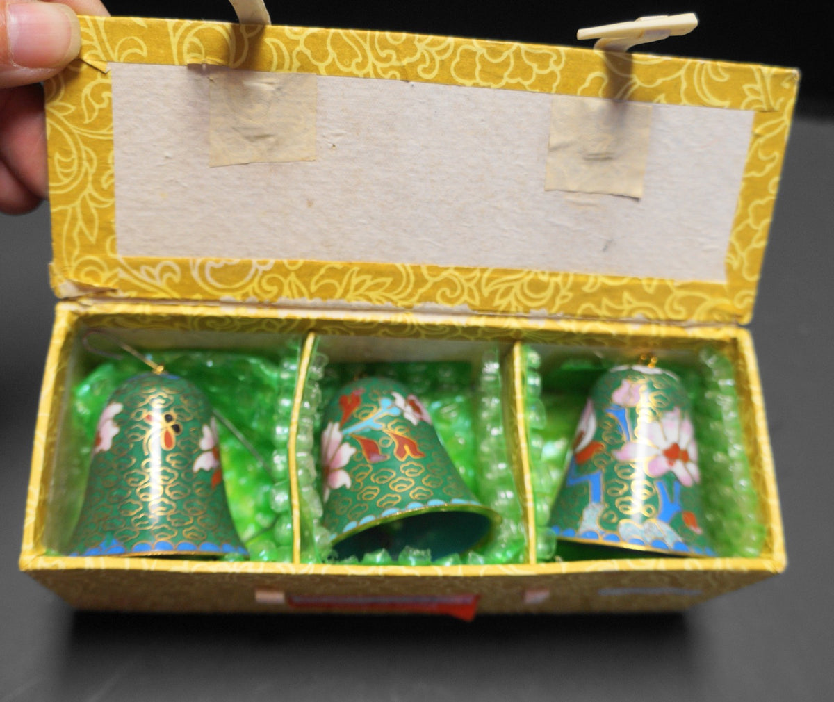 Lillian Vernon Green Cloisonne Bells Ornaments Set of 3
