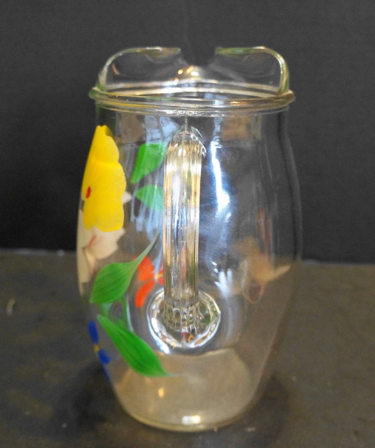Bartlett Collins Gay Fad Flowers Floral Hand Painted Clear Pitcher Ice Lip 9 IN