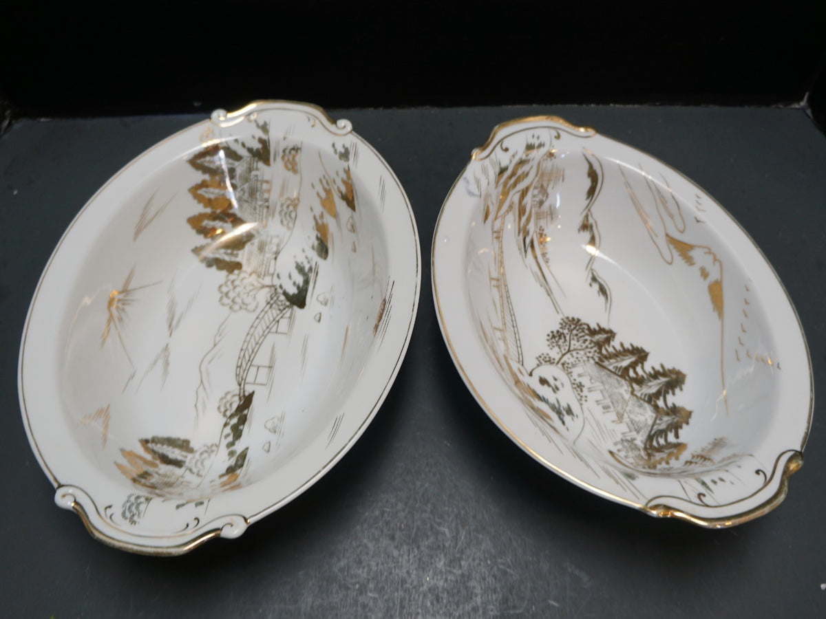 Kutani Gold on White Porcelain Oval Vegetable Bowls Pair Mt Fuji Village Scene