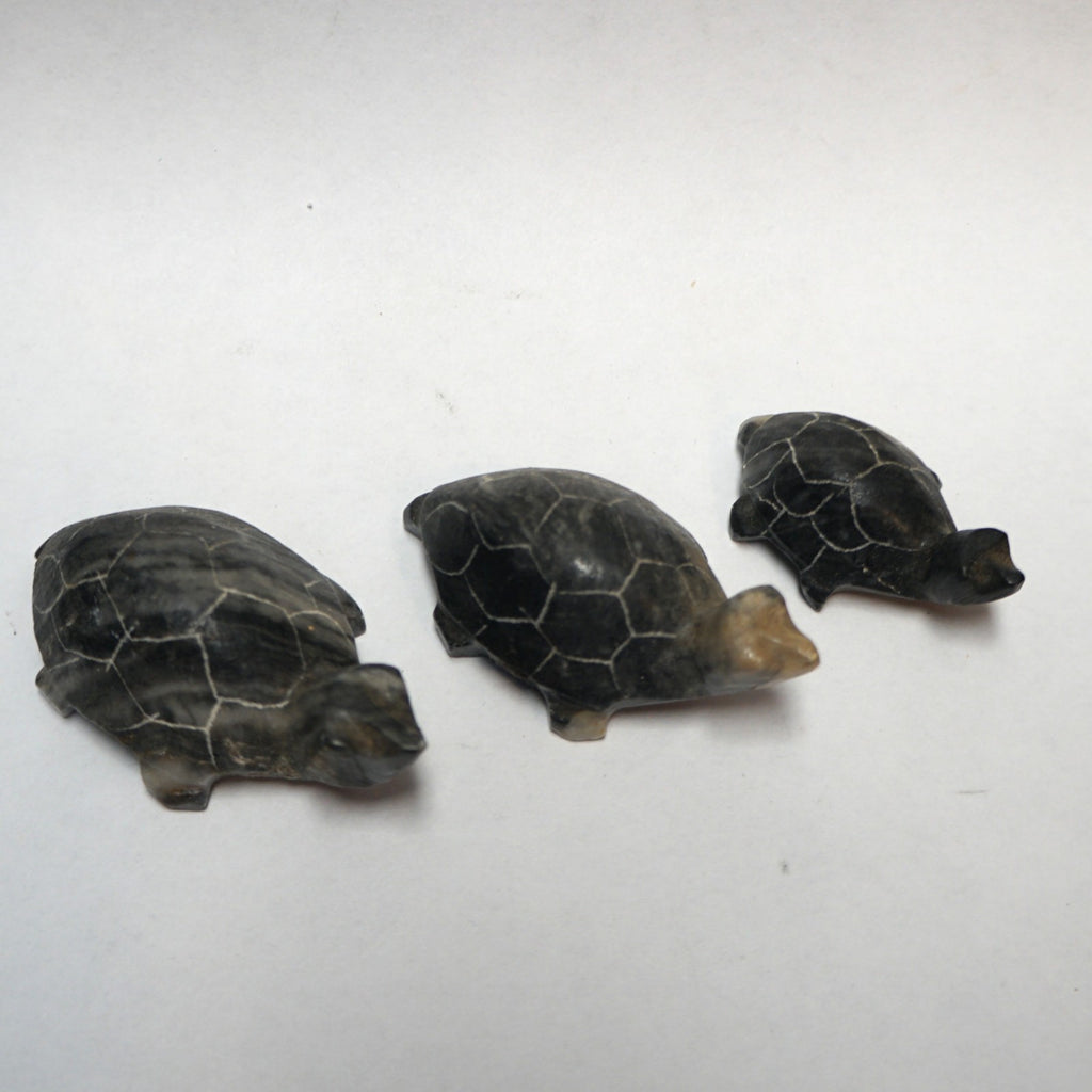 Hand Carved Turtle Figurines Dark Stone Set of 3