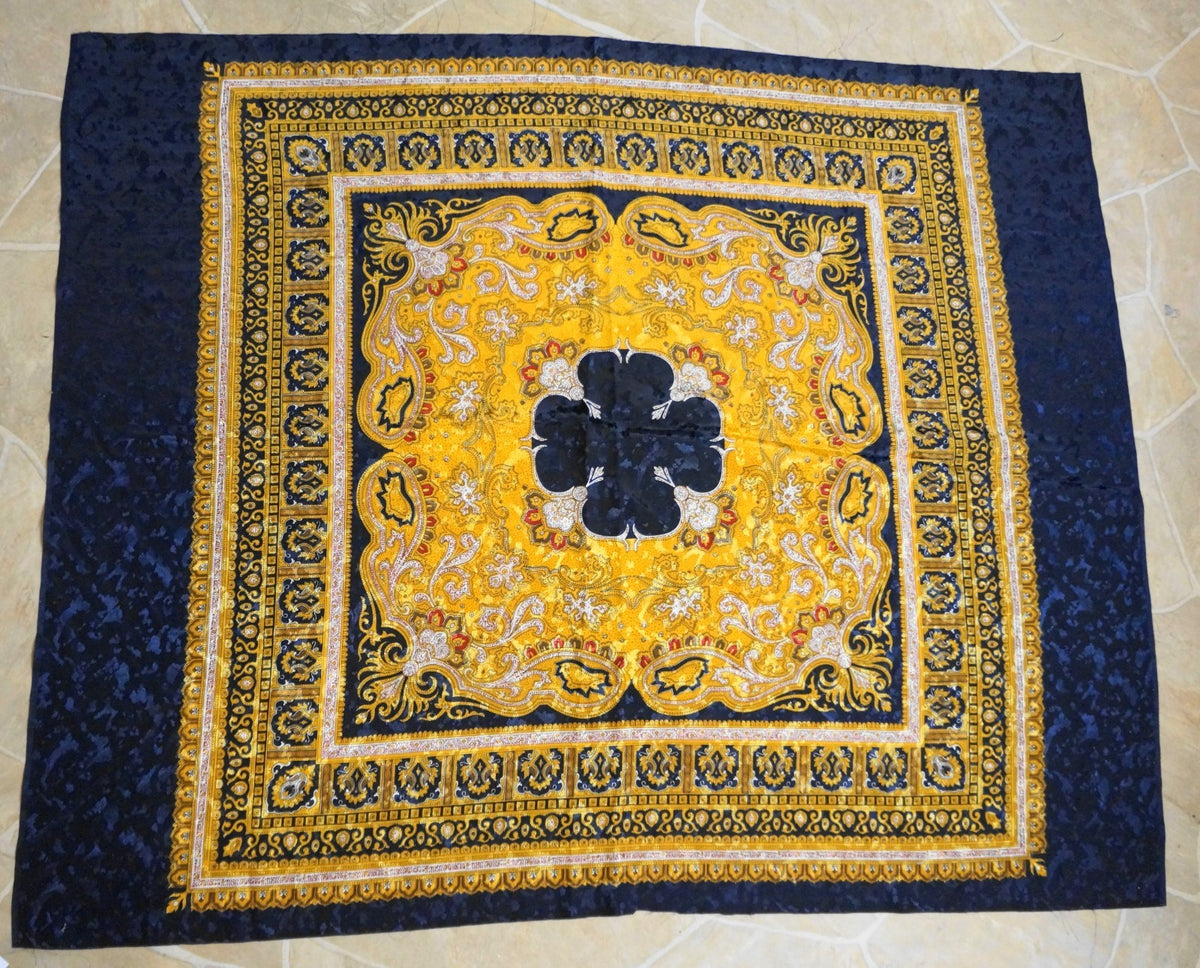 Navy Blue Gold Baroque Print Jacquard Fabric Panel