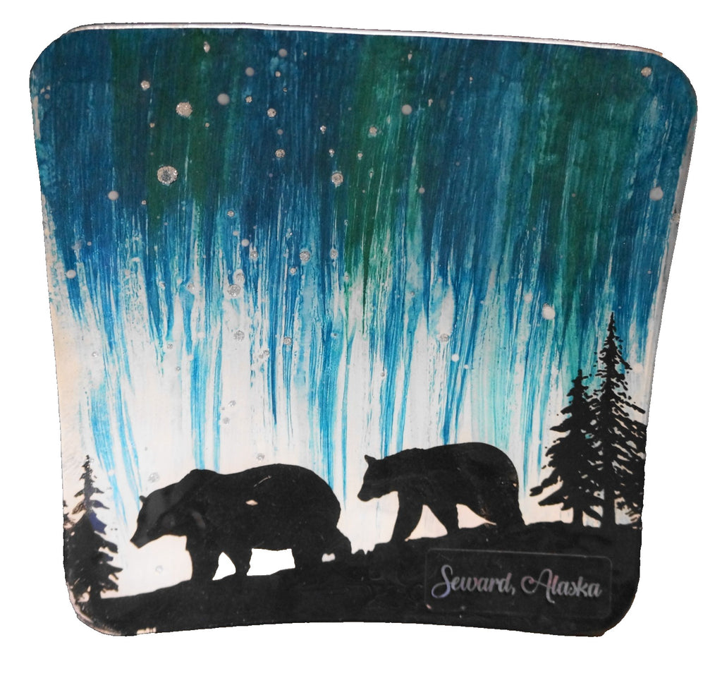 Northern Lights Black Bears Bent Fused Glass Plate Cozeno Collection Souvenir