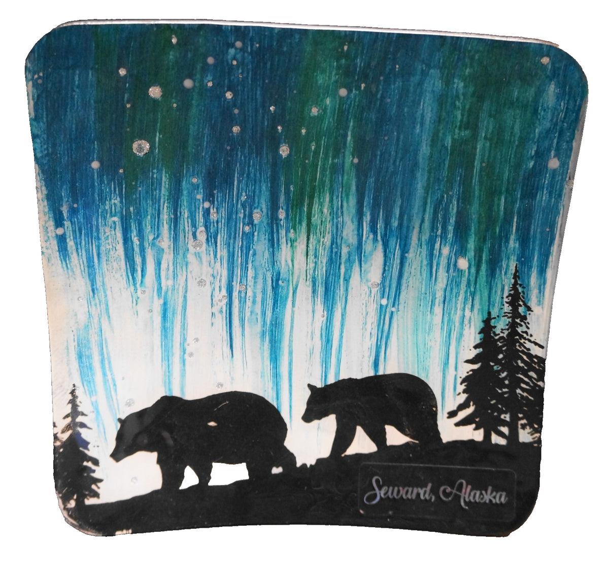Northern Lights Black Bears Bent Fused Glass Plate Cozeno Collection Souvenir