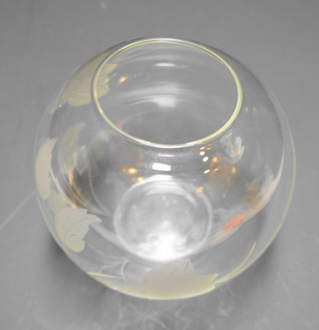 Clear Glass Etched Cut Rose Flower Leaves Rose Bowl 5 IN