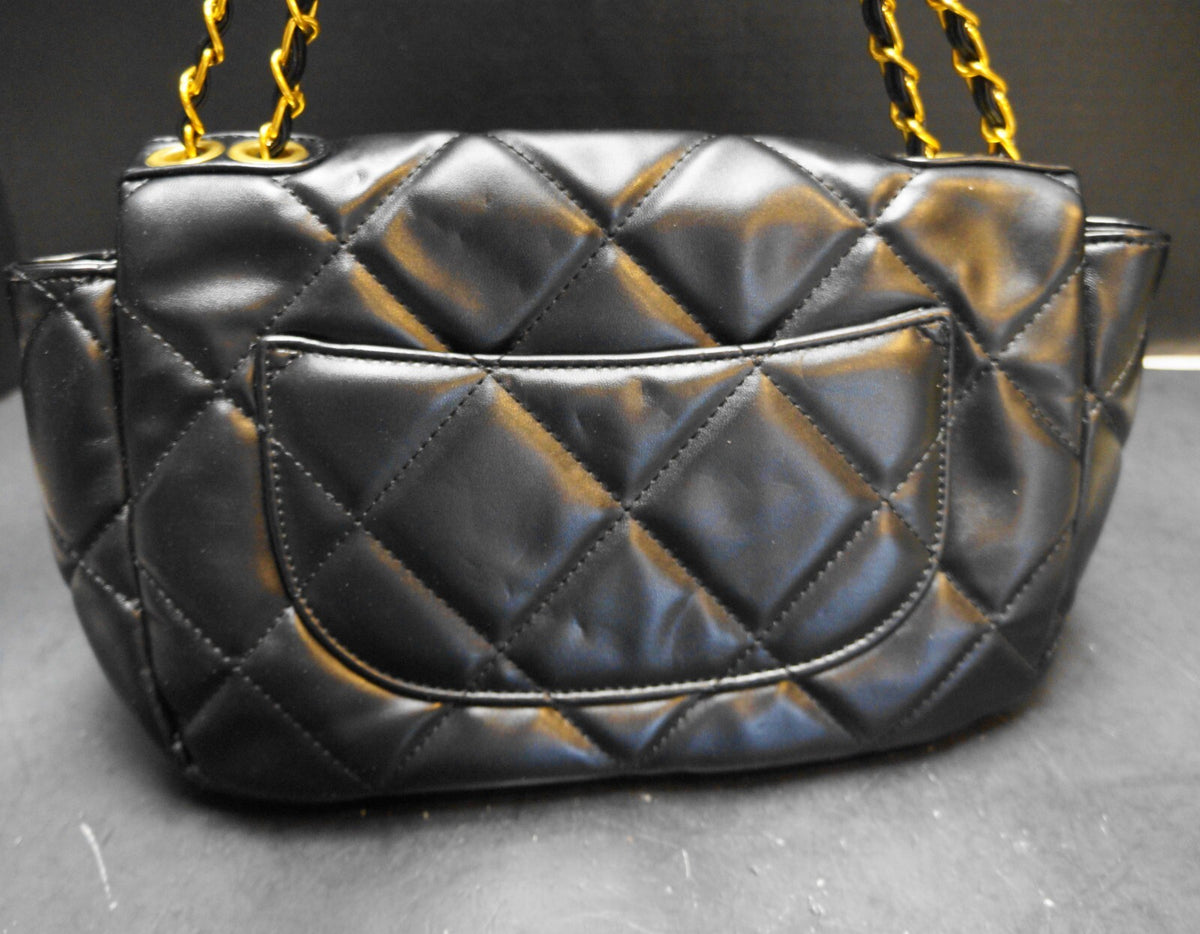 Black Faux Leather Soft Quilted Shoulder Bag Crossbody Chain Strap