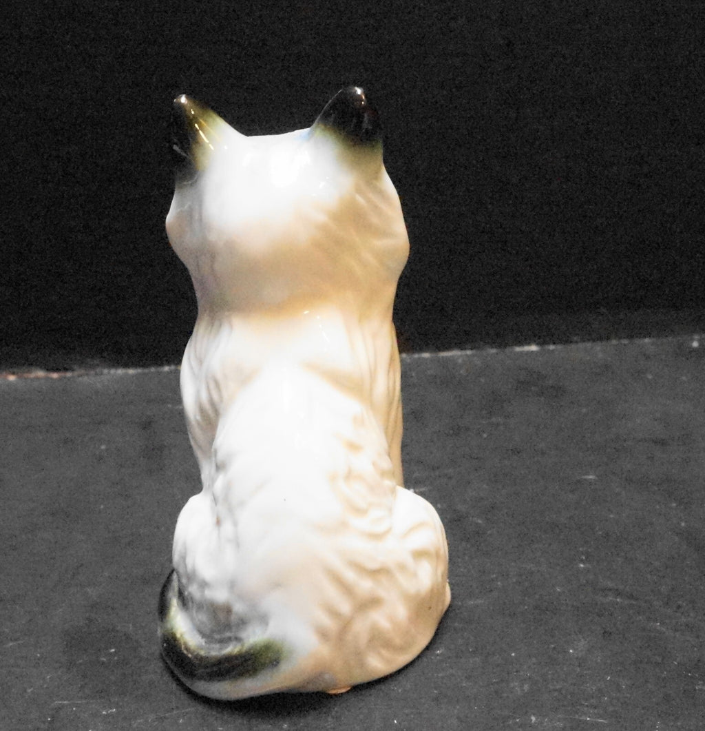 Porcelain Cat Figurine White Black Ears and Tail