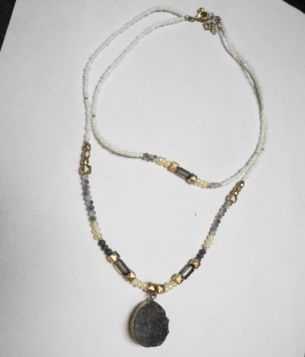 Amethyst Druzy Pendant Freshwater Pearl Necklace