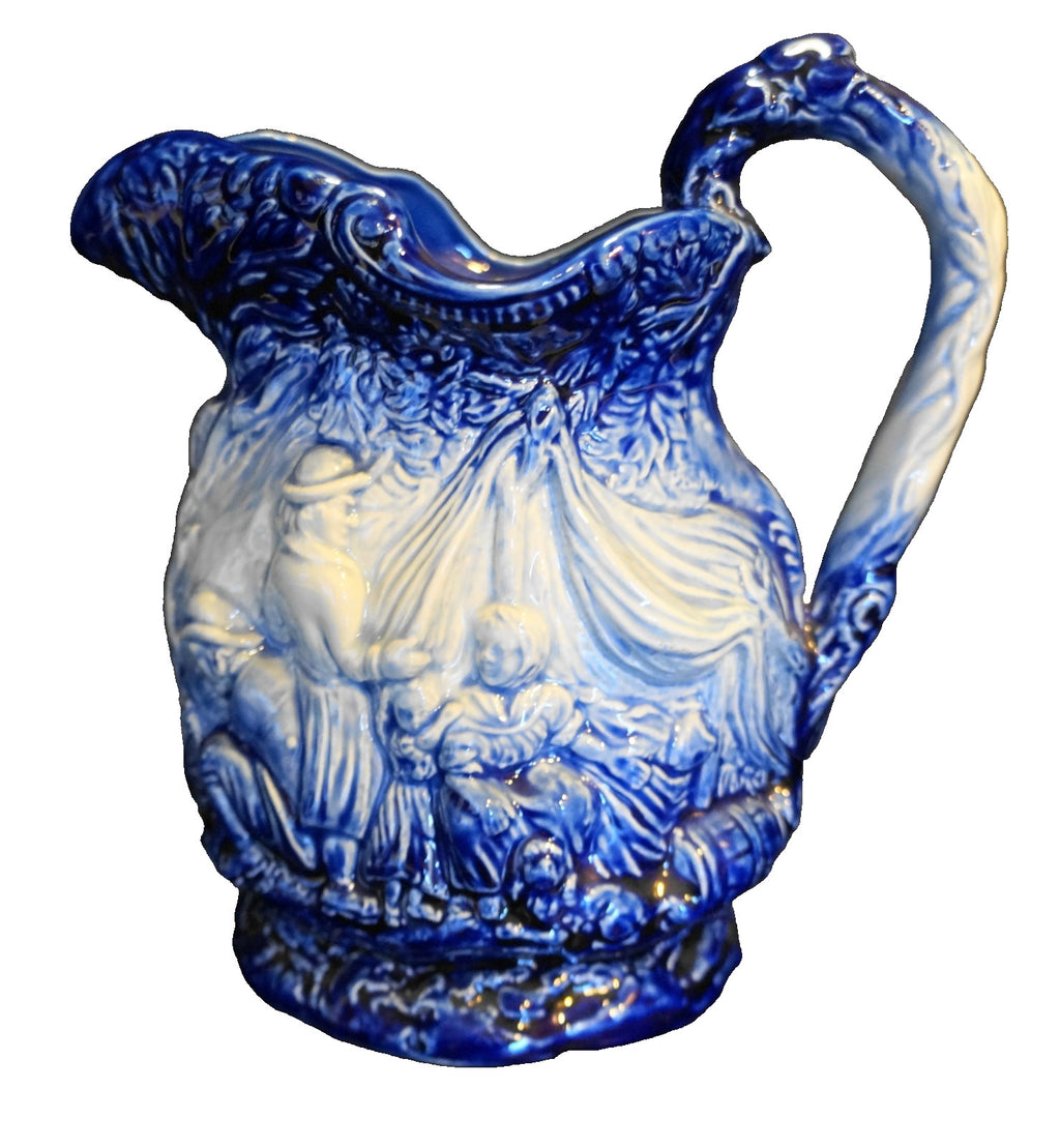 Burleigh Ironstone Blue White Fireside Scene Reproduction Pitcher 1980s