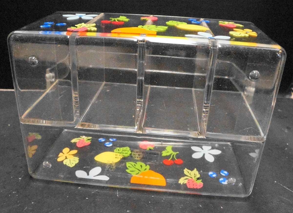 Bright Fruit Flowers Decorated Clear Lucite Divided Basket Taiwan